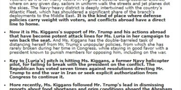 NY Times Article Spotlights How Rep. Jen Kiggans (R-VA02)’s Support for The Iran War Will Cost Her in November