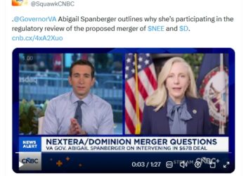 Video: Gov. Abigail Spanberger Says She’s “not trying to dictate the decision” on the Proposed Dominion-NextEra Merger, But Argues This Is “wholly unprecedented in Virginia’s history,” So She Intends to Advocate for Virginians
