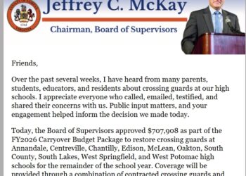 Fairfax Chair Jeff McKay Announces Board of Supervisors Approved $700k to Restore Crossing Guards at Multiple High Schools for the Remainder of the School Year